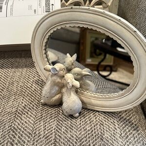 Oval Mirror with Rabbit Figurines - Cream